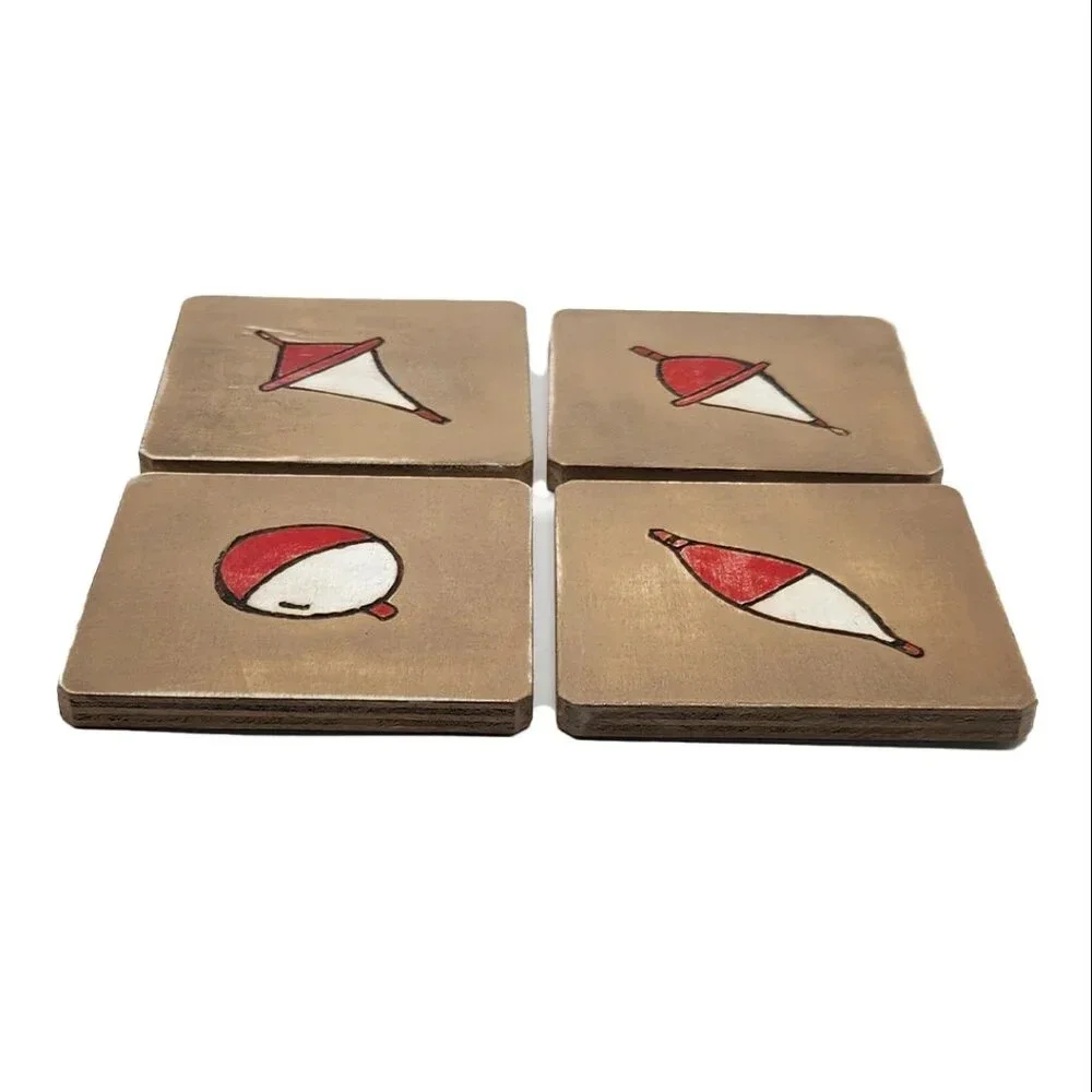 Set of 4 hand-crafted Fishing Bobber themed coasters, bar top, wine glass, dad